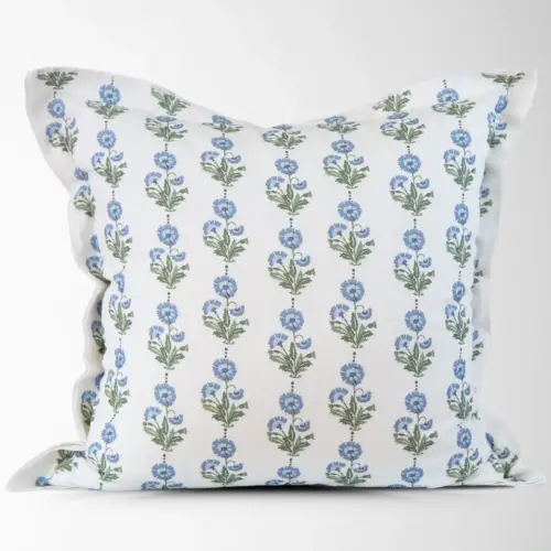 Amalthea blue linen block print, 22in x 22in