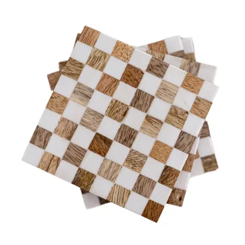 wood+resin check coasters, set of four