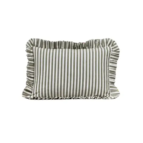 ruffle pillow, brown+white stripes