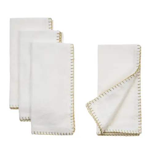 gold blanket stitch napkins, S/4, white