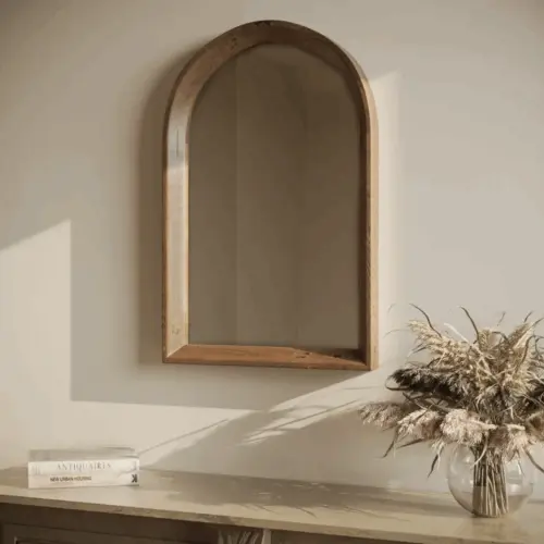 wood arched mirror, 20”x30”